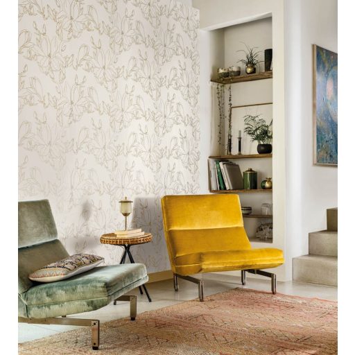 Casadeco Idylle 83822303 MAGNOLIA ARGENT/OR virágos stilizált magnólia krémfehér ezüst arany tapéta