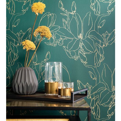 Casadeco Idylle 83827525 MAGNOLIA VERT virágos stilizált magnólia gazdag zöld fémes arany tapéta