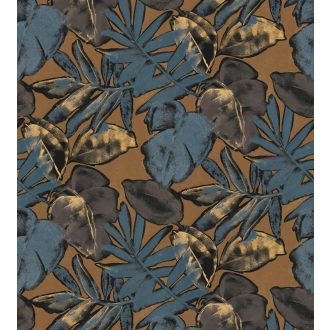   Casadeco Natura 83926362 PANORAMIQUE NAPO Natur Esőerdő stilizált lombozata kék teveszőrbarna antracit arany falpanel