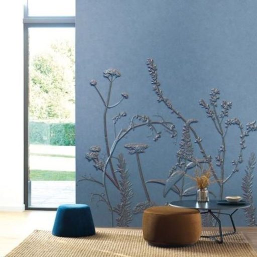 Casadeco Natura 83936484 PANORAMIQUE FIELD Natur Stilizált mezei virágok növények 3D kék árnyalatok barna falpanel