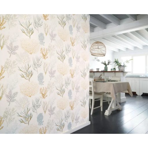 Casadeco Rivage 83972127 CORAIL Natur Különböző korallfajták megjelenítése törtfehér aranysárga kék szürke zöld tapéta