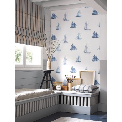 Casadeco Rivage 84016313 FREGATE Natur Művészi festői akvarell fregattok törtfehér mélykék árnyalatok tapéta