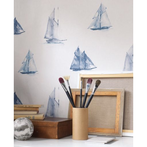 Casadeco Rivage 84016313 FREGATE Natur Művészi festői akvarell fregattok törtfehér mélykék árnyalatok tapéta