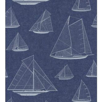   Casadeco Rivage 84020532 ARMADA Natur Grafikus Stilizált vitorlásflotta mint egy műszaki vázlat mély tengerészkék fehér tapéta