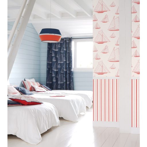 Casadeco Rivage 84028205 ARMADA Natur Grafikus Stilizált vitorlásflotta mint egy műszaki vázlat bézs piros/vörös tapéta