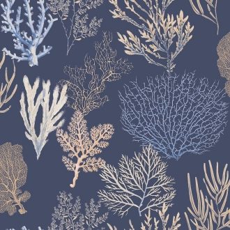   Casadeco Rivage 84206521 TISSU CORAIL Natur Különböző korallfajták megjelenítése mély tengerészkék bézs barna dekoranyag