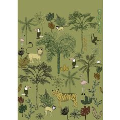   Rasch Bambino XVIII 842142 gyerekminta dzsungel trópusi növények tigris majmok tukán flamingó zöld szines falpanel