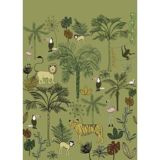   Rasch Bambino XVIII 842142 gyerekminta dzsungel trópusi növények tigris majmok tukán flamingó zöld szines falpanel