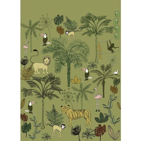 Rasch Bambino XVIII 842142 gyerekminta dzsungel trópusi növények tigris majmok tukán flamingó zöld szines falpanel