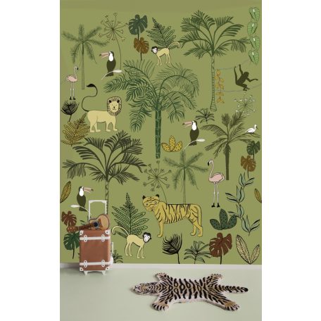 Rasch Bambino XVIII 842142 gyerekminta dzsungel trópusi növények tigris majmok tukán flamingó zöld szines falpanel