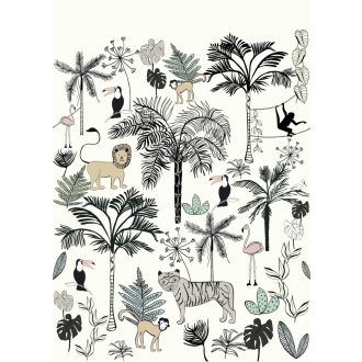  Rasch Bambino XVIII 842173 gyerekminta dzsungel trópusi növények tigris majmok tukán falmingó fehér fekete szines falpanel