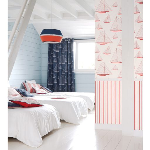 Casadeco Rivage 84248306 TISSU ARMADA Natur Grafikus stilizált vitorlásflotta mint egy műszaki vázlat bézs vörös dekoranyag