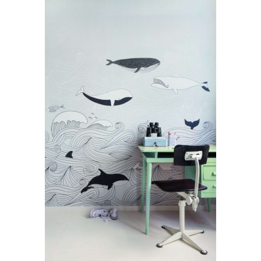 Rasch Bambino XVIII 842531  gyerekminta natur kékbálna kardszárnyú delfin világos szürke fehér fekete falpanel