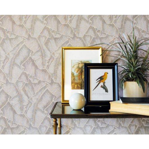 Casadeco Cuba 84321202  SELVA BEIGE Natur texturázott trópusi levelek sötét bézs csillogó fémes fény tapéta