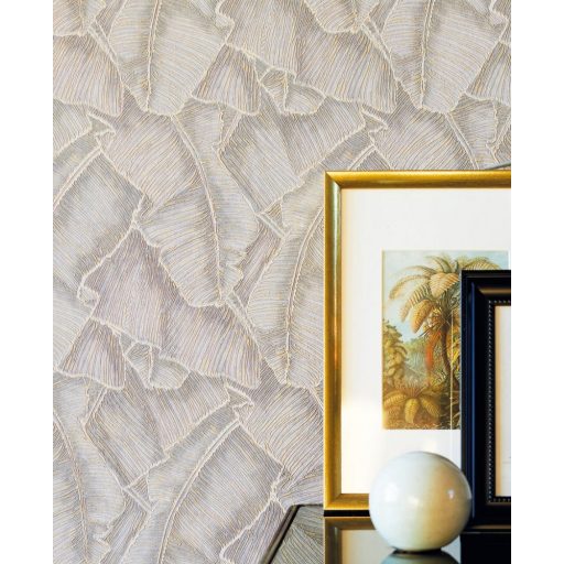 Casadeco Cuba 84321202  SELVA BEIGE Natur texturázott trópusi levelek sötét bézs csillogó fémes fény tapéta