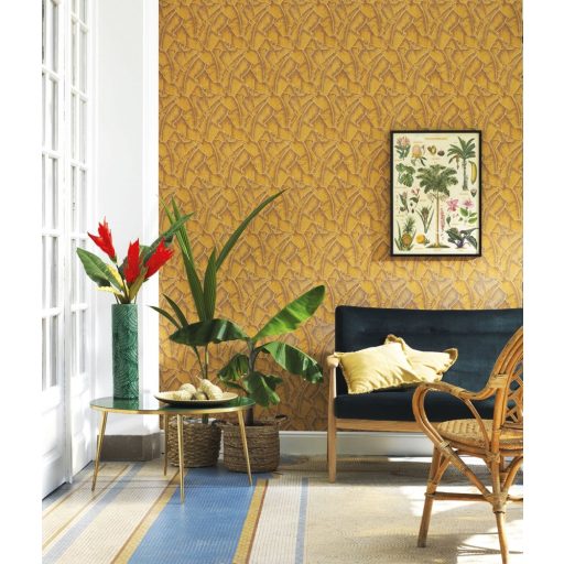 Casadeco Cuba 84322318 SELVA JAUNE Natur texturázott trópusi levelek meleg aranysárga barna csillogó fémes fény tapéta