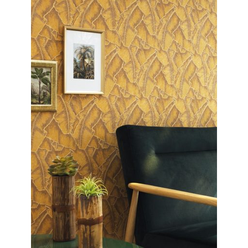 Casadeco Cuba 84322318 SELVA JAUNE Natur texturázott trópusi levelek meleg aranysárga barna csillogó fémes fény tapéta