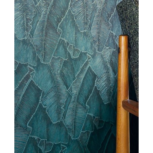 Casadeco Cuba 84326438 SELVA TURQUOISE Natur texturázott trópusi levelek telt türkiz csillogó fémes fény tapéta
