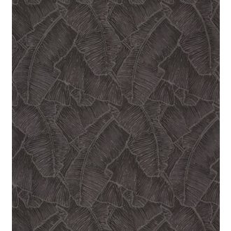   Casadeco Cuba 84329549 SELVA NOIR Natur texturázott trópusi levelek, fekete csillogó fémes fény tapéta