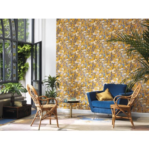 Casadeco Cuba 84332320 HABANA JAUNE Natur egzotikus virágos szőlő aranysárga kék barna szines tapéta