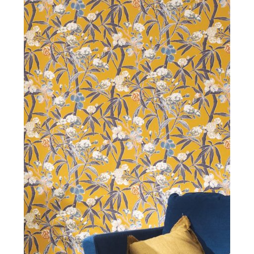 Casadeco Cuba 84332320 HABANA JAUNE Natur egzotikus virágos szőlő aranysárga kék barna szines tapéta