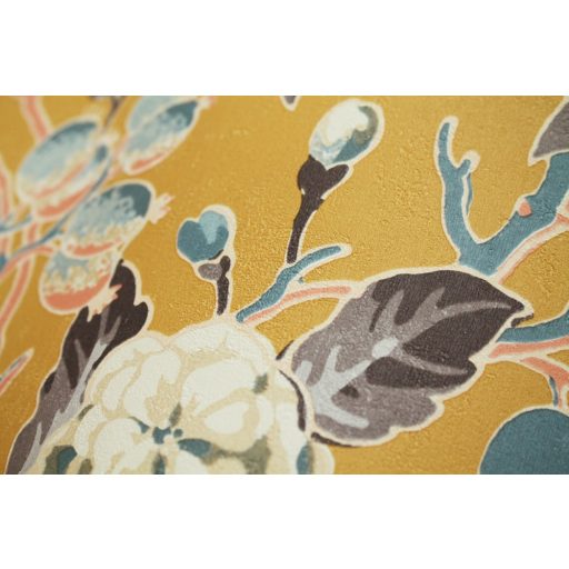 Casadeco Cuba 84332320 HABANA JAUNE Natur egzotikus virágos szőlő aranysárga kék barna szines tapéta