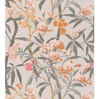   Casadeco Cuba 84333348 HABANA ORANGE FOND BEIGE Natur egzotikus virágos szőlő bézs narancs szürkészöld korall tapéta