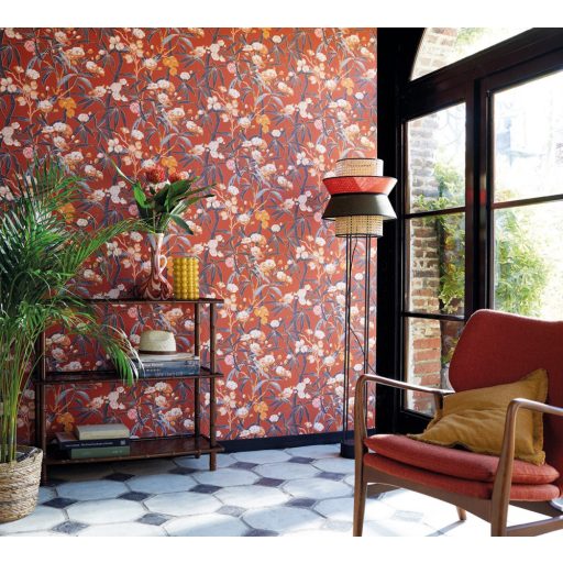 Casadeco Cuba 84333417 HABANA ORANGE  Natur egzotikus virágos szőlő vérnarancs/terrakotta szines tapéta