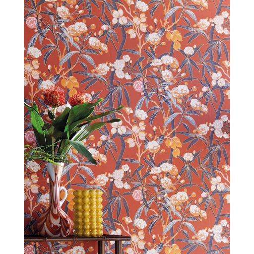 Casadeco Cuba 84333417 HABANA ORANGE  Natur egzotikus virágos szőlő vérnarancs/terrakotta szines tapéta