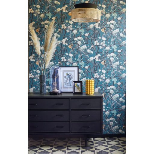 Casadeco Cuba 84336424 HABANA TURQUOISE Natur egzotikus virágos szőlő türkizkékkék sötétszürke fehér szines tapéta