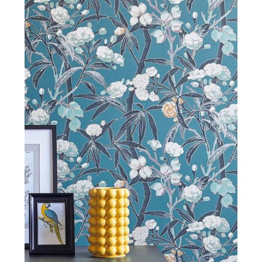 Casadeco Cuba 84336424 HABANA TURQUOISE Natur egzotikus virágos szőlő türkizkékkék sötétszürke fehér szines tapéta