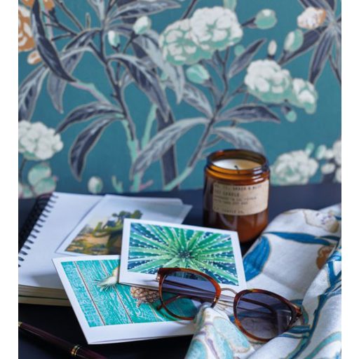 Casadeco Cuba 84336424 HABANA TURQUOISE Natur egzotikus virágos szőlő türkizkékkék sötétszürke fehér szines tapéta