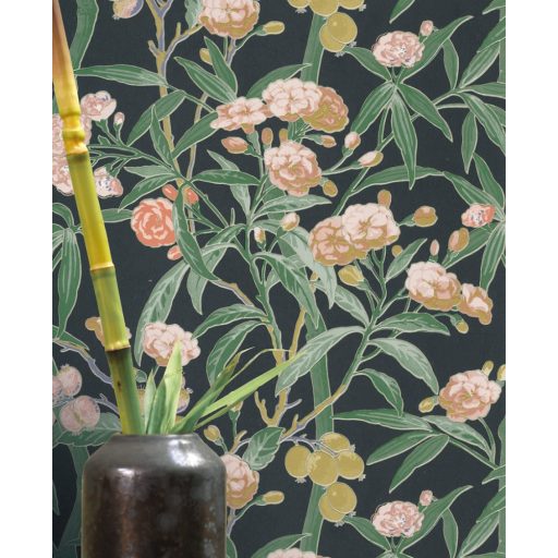 Casadeco Cuba 84337505 HABANA VERT FONCE  Natur egzotikus virágos szőlő antracit sötétzöld szines tapéta