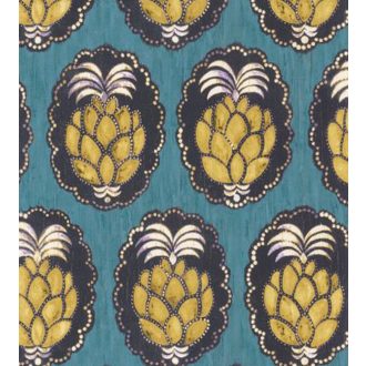   Casadeco Cuba 84356404 PINA TURQUOISE Natur trópusi dekoratív ananász motívum türkiz aranysárga felete fehér tapéta