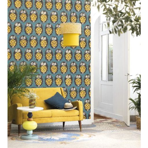 Casadeco Cuba 84356404 PINA TURQUOISE Natur trópusi dekoratív ananász motívum türkiz aranysárga felete fehér tapéta