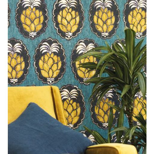 Casadeco Cuba 84356404 PINA TURQUOISE Natur trópusi dekoratív ananász motívum türkiz aranysárga felete fehér tapéta