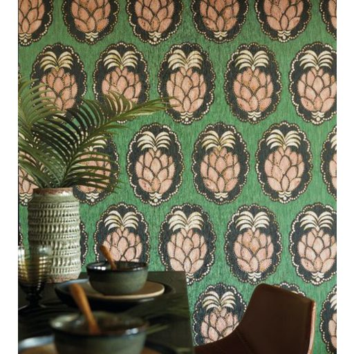 Casadeco Cuba 84357434 PINA VERT Natur trópusi dekoratív ananász motívum friss zöld hús/gyümölcs/szín felete fehér tapéta