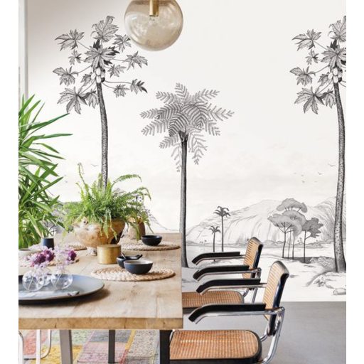 Casadeco Cuba 84379353 PANORAMIQUE LAGUNA NOIR et BLANC festői trópusi lagúna fehér szürke fekete falpanel