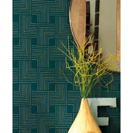 Casadeco Nangara NANG84397412 TINGARI VERT EMERAUDE Grafikus pont és vonalmintázat smaragdzöld fémes arany világoskék tapéta