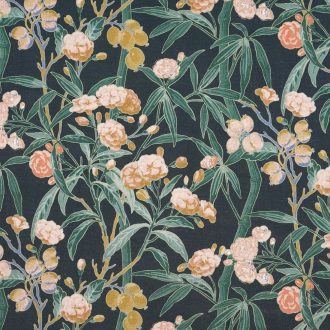   Casadeco Cuba 84467474 TISSU HABANA VERT ROSE fekete zöld rózsaszín arany textil