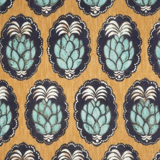   Casadeco Cuba 84472454 TISSU PINA JAUNE Natur trópusi ananász motívum sárga fekete halvány türkiz fehér textil