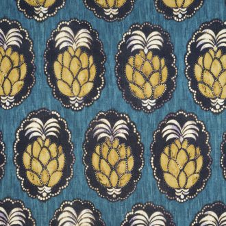   Casadeco Cuba 84476464 TISSU PINA BLEU Natur trópusi ananász motívum kék sárga fekete fehér textil