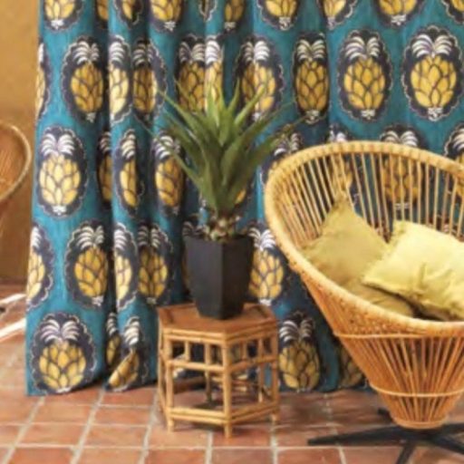 Casadeco Cuba 84476464 TISSU PINA BLEU Natur trópusi ananász motívum kék sárga fekete fehér textil