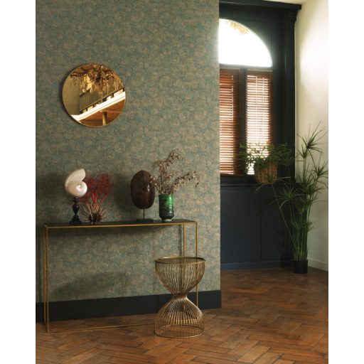 84517323 FOSSILIUM VERT Natur őskori növényi kövület telt zöld fémes arany tapéta