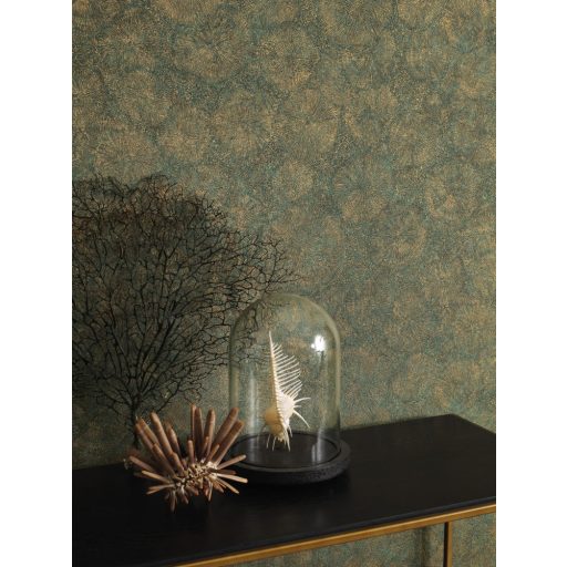 84517323 FOSSILIUM VERT Natur őskori növényi kövület telt zöld fémes arany tapéta