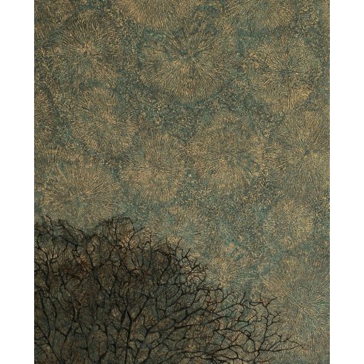 84517323 FOSSILIUM VERT Natur őskori növényi kövület telt zöld fémes arany tapéta