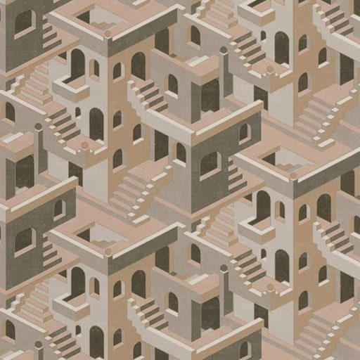 Casadeco Utopia 85111237 ILLUSION TAUPE/ROSE Grafikus 3D házak szoros halmaza bézs szürkésbarna roségold tapéta