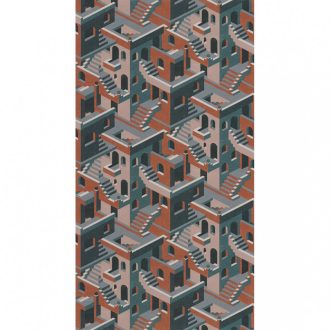   Casadeco Utopia 85113515  ILLUSION BLEU/ROSE/ORANGE Grafikus 3D házak szoros halmaza kék petrolkék narancs roségold tapéta