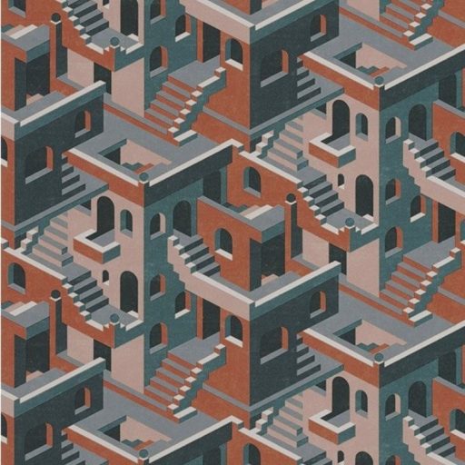 Casadeco Utopia 85113515  ILLUSION BLEU/ROSE/ORANGE Grafikus 3D házak szoros halmaza kék petrolkék narancs roségold tapéta