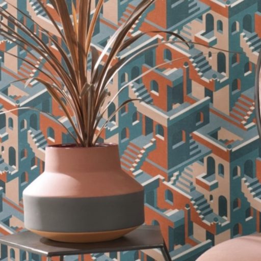 Casadeco Utopia 85113515  ILLUSION BLEU/ROSE/ORANGE Grafikus 3D házak szoros halmaza kék petrolkék narancs roségold tapéta